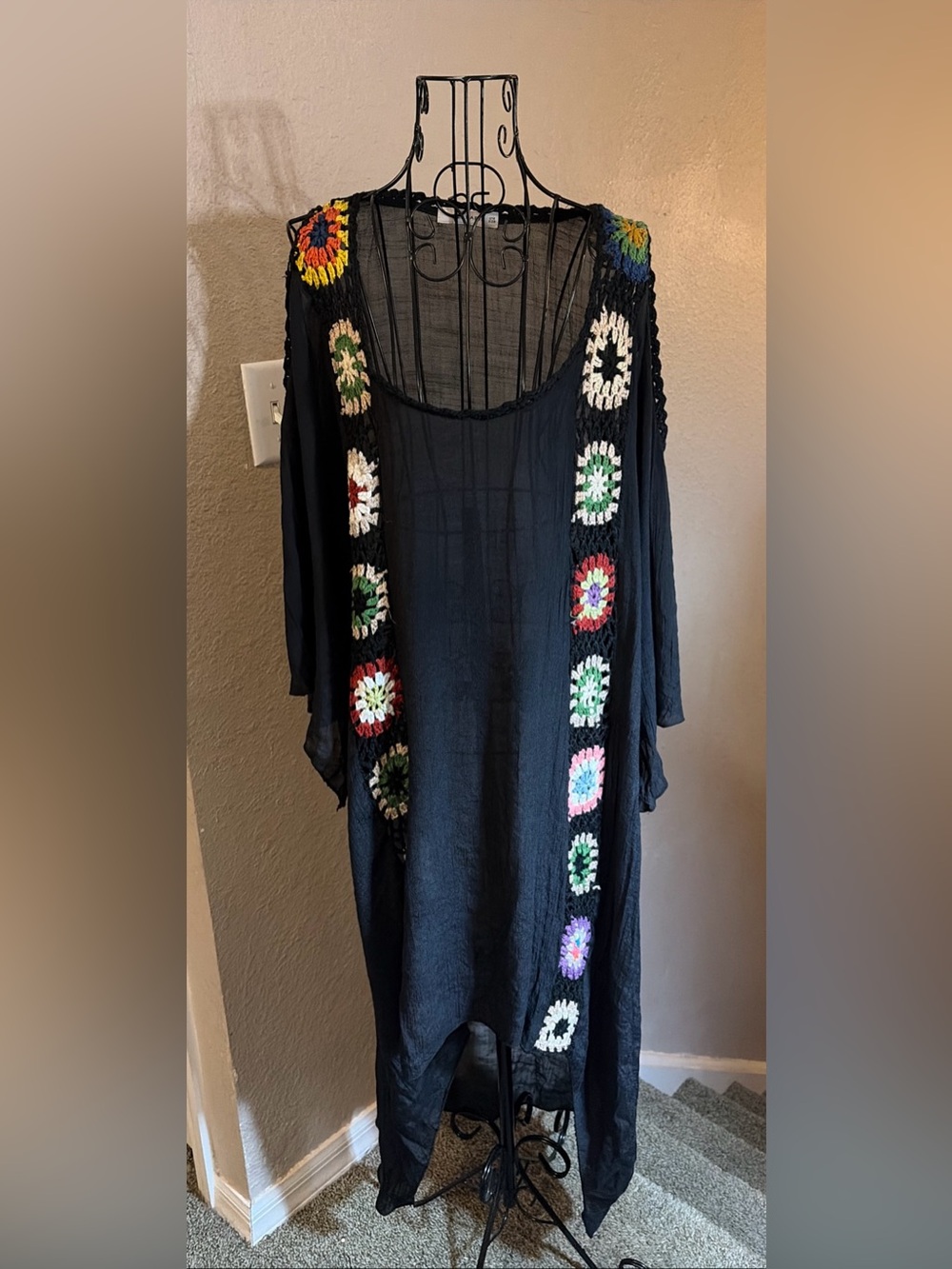 Boho Crochet Granny Square Cold Shoulder One Size Multi Festival Swim Coverup